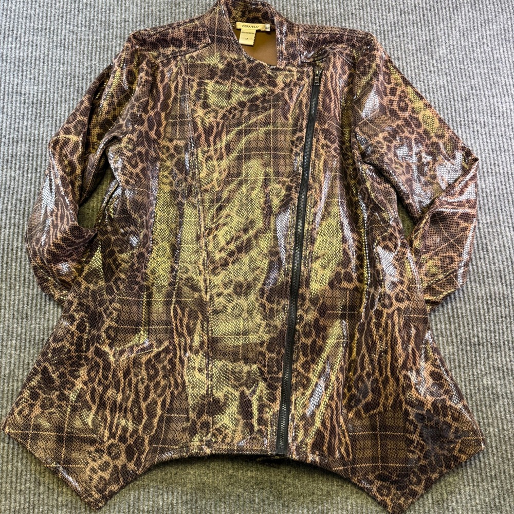 Feratelli Moto Jacket Size M Brown Gold Animal Print Metallic Polyester Zip Up